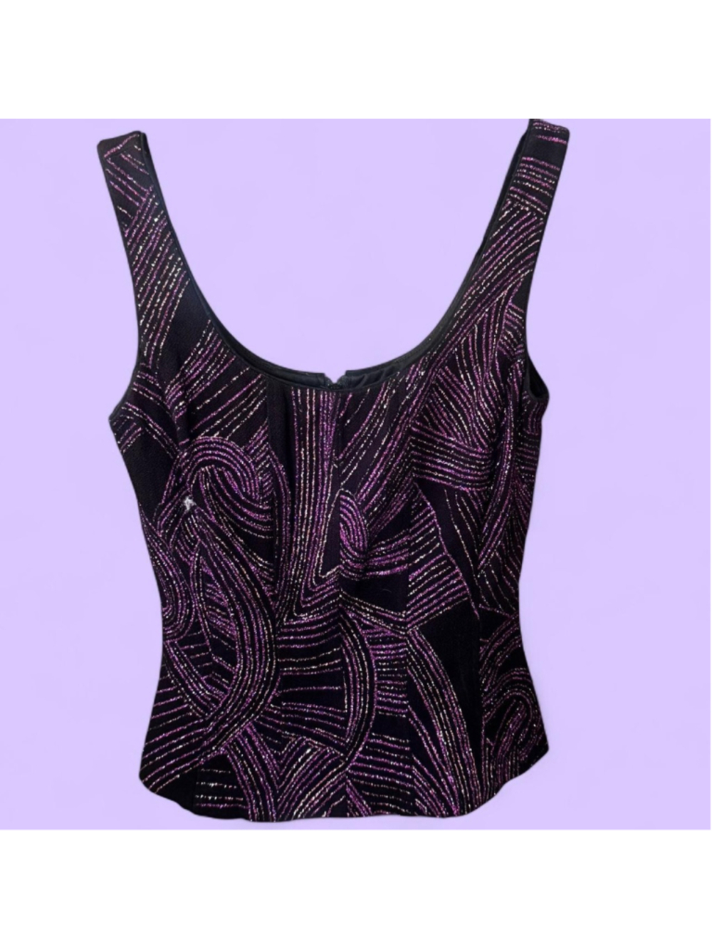 Cache black/purple sequin tank top with purple beaded swirl design, size XS